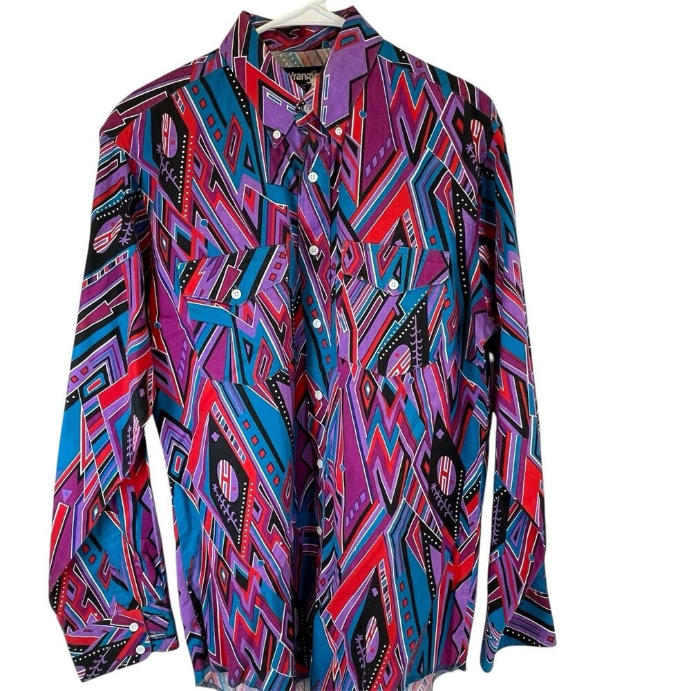 Vtg Wrangler X Lg Tails Shirt 16.5 35Purple Aztec‎ Rodeo Cowboy Western Checotah